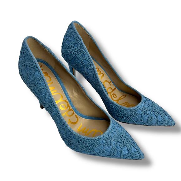 Sam Edelman Hazel Heels Size 5.5 Royal Sky Blue Lace Pointy Toe Stiletto Pumps - Picture 2 of 12